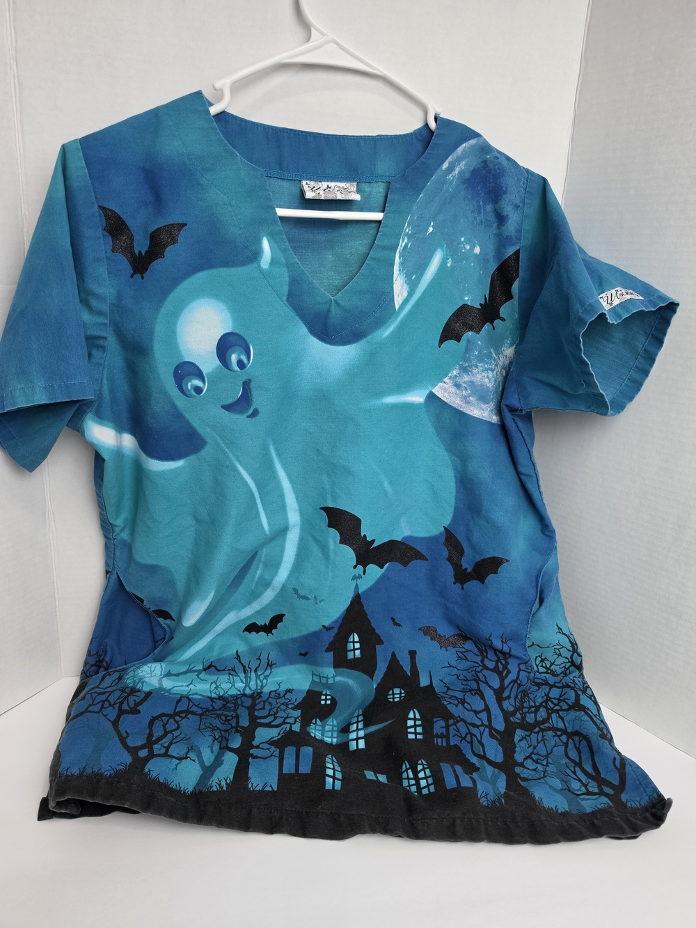 UA Scrubs Teal Blue Ghost Graphic Short Sleeve Top